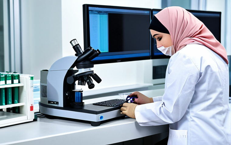 **
"A professional female lab technician in a fully clothed, modest lab coat and hijab, carefully analyzing a blood sample in a modern, well-equipped laboratory. Sterile environment, microscopes and analyzers visible. Focus on precision and scientific expertise. Safe for work, appropriate content, professional, perfect anatomy, correct proportions, well-formed hands, proper finger count, natural pose, high quality."
**