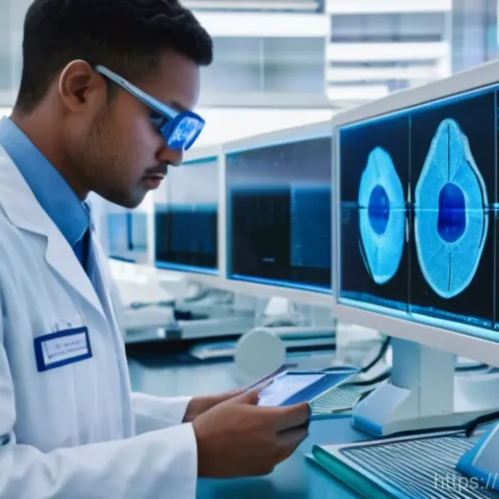 임상병리사와 인공지능 활용 사례 - **Prompt:** A modern, brightly lit medical laboratory. In the foreground, a diverse male lab profess...