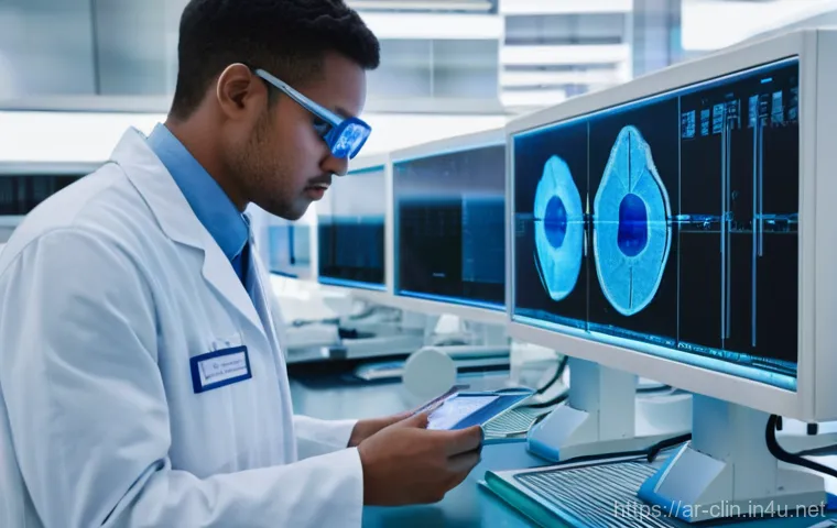 임상병리사와 인공지능 활용 사례 - **Prompt:** A modern, brightly lit medical laboratory. In the foreground, a diverse male lab profess...