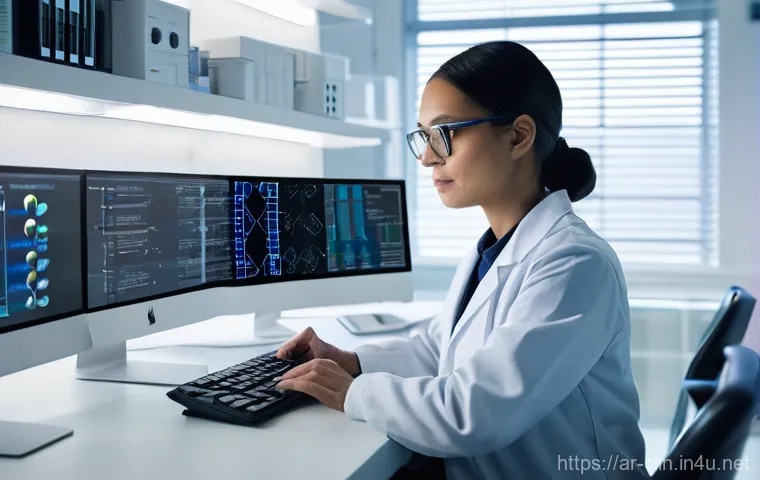 임상병리사와 인공지능 활용 사례 - **Prompt:** A modern, brightly lit medical laboratory. In the foreground, a diverse male lab profess...