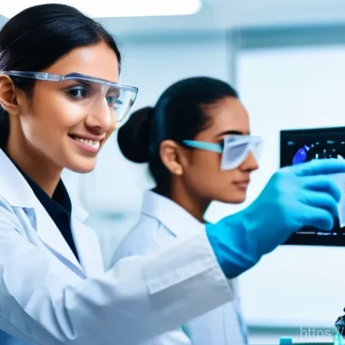 임상병리사 신입 연봉 수준 - **Prompt:** A dynamic and inspiring scene featuring a diverse group of young Arab medical laboratory...