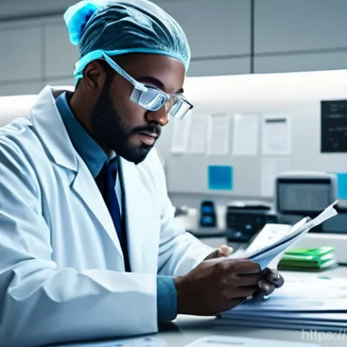 임상병리사 실험 데이터 관리 팁 - **Prompt:** A split image illustrating a laboratory's digital transformation. On the left side, a cl...