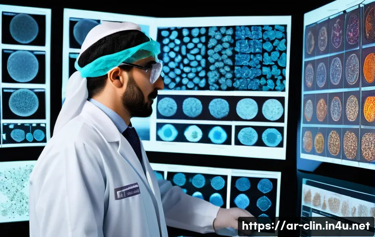 임상병리사와 최신 유전자 기술 - A detailed laboratory scene showcasing advanced biological sample analysis: a skilled Middle Eastern...