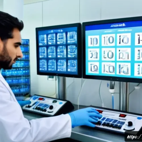 임상병리사 실습 성공 비결 - A modern clinical laboratory interior with Arabic signage on equipment and walls, showing a diverse ...