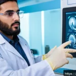 임상병리사 자격증 유지 조건 - A professional Middle Eastern medical laboratory technician wearing a clean white lab coat and prote...