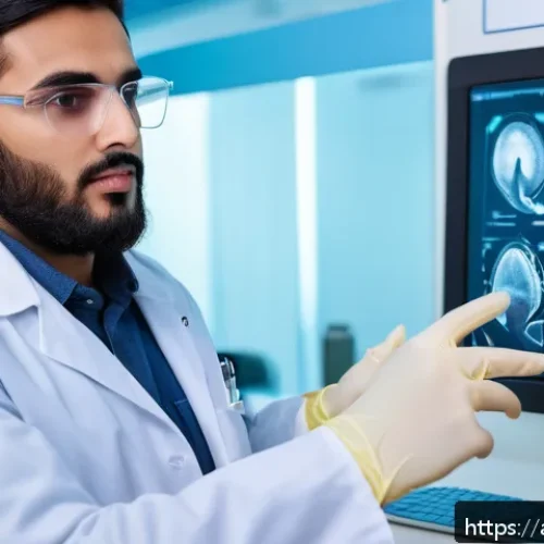 임상병리사 자격증 유지 조건 - A professional Middle Eastern medical laboratory technician wearing a clean white lab coat and prote...