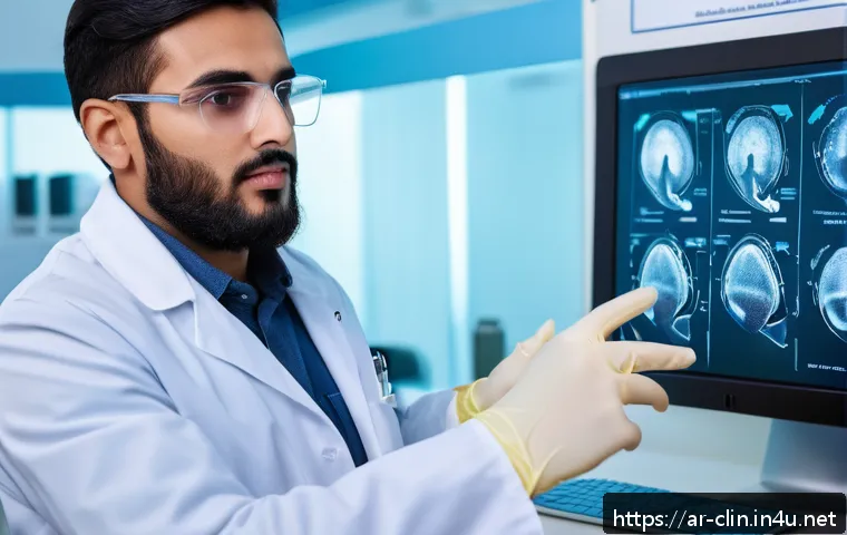 임상병리사 자격증 유지 조건 - A professional Middle Eastern medical laboratory technician wearing a clean white lab coat and prote...