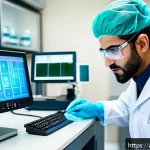 임상병리사 진급 및 승진 사례 - A modern clinical laboratory scene featuring a skilled Arabic male lab technician in his late 20s op...