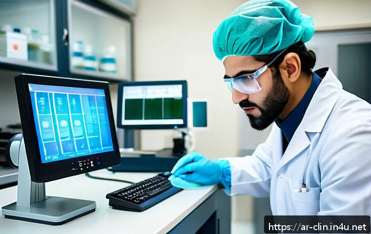 임상병리사 진급 및 승진 사례 - A modern clinical laboratory scene featuring a skilled Arabic male lab technician in his late 20s op...