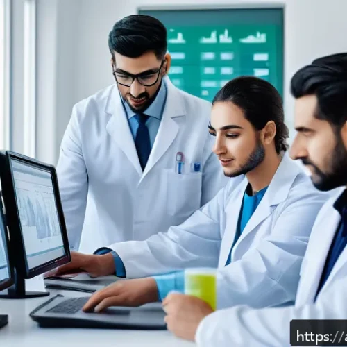임상병리사 팀워크 강화 방안 - A modern medical laboratory team of diverse Arab professionals collaborating efficiently, using lapt...