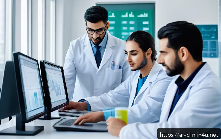 임상병리사 팀워크 강화 방안 - A modern medical laboratory team of diverse Arab professionals collaborating efficiently, using lapt...