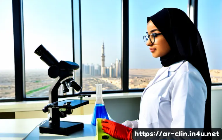 임상병리사 전문분야 선택 기준 - Photorealistic modern hospital laboratory in an Arab Gulf city, a modest female clinical laboratory ...